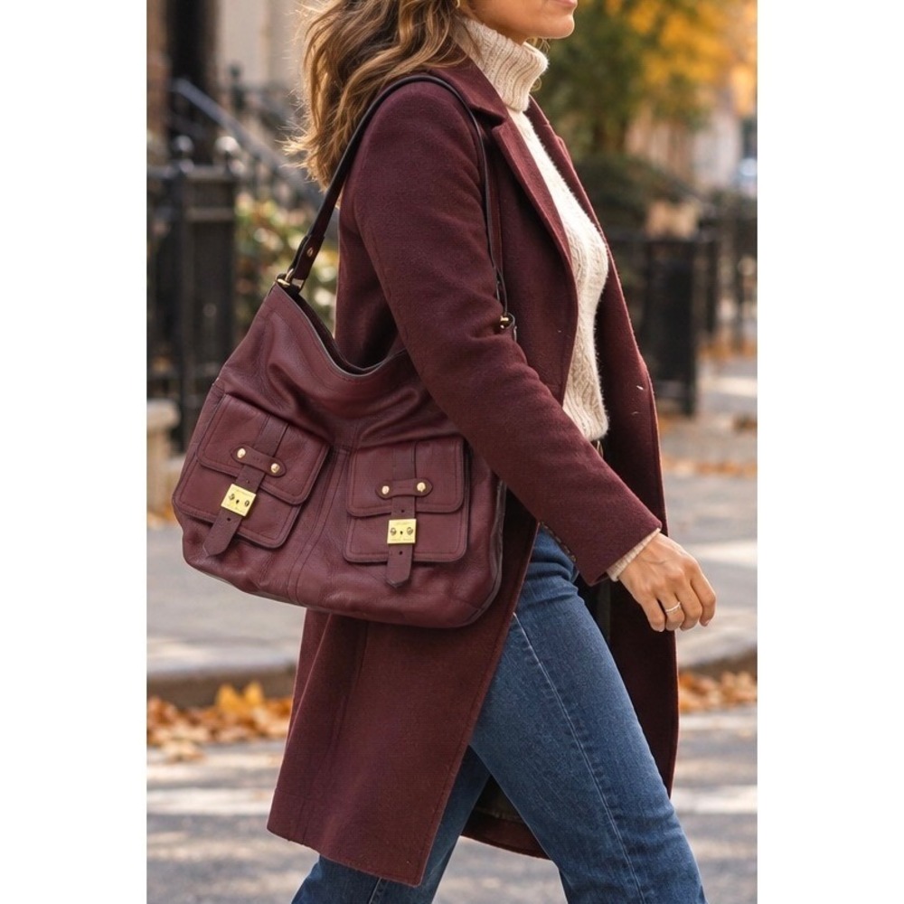 Lauren Ralph Lauren Burgundy Pebbled Leather Hobo Bag Gold Hardware Flap Pockets